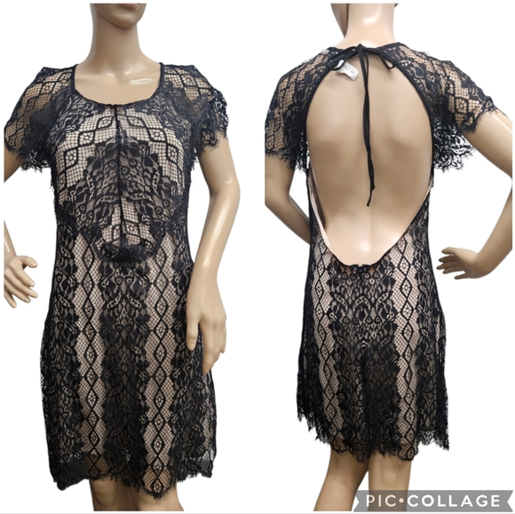 Forever 21 Open Back Lace Dress In Black With Nude Underlay - Picture 2 of 9